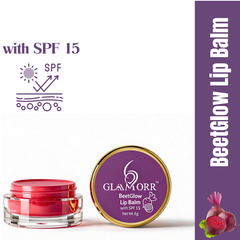 Front pack shot of Glaamorr BeetGlow Lip Balm with SPF 15, 6 g.