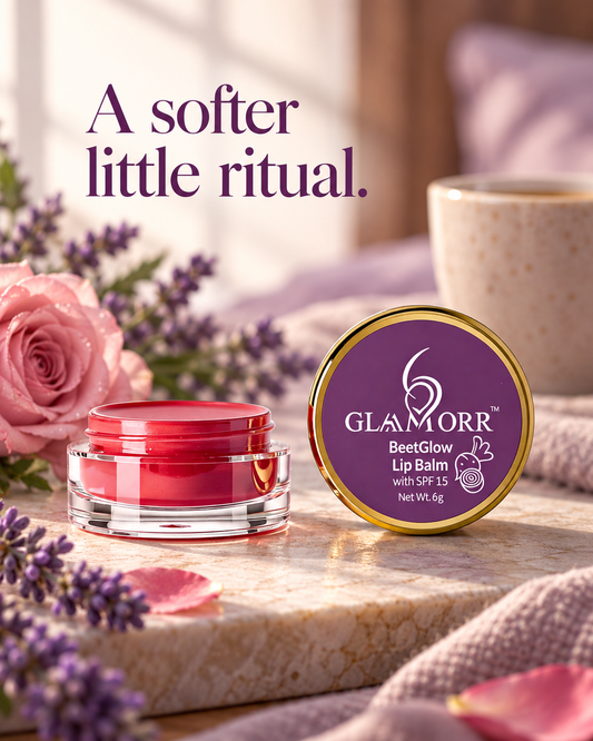 Glaamorr BeetGlow Lip Balm in a bedside setting with the text A softer little ritual.