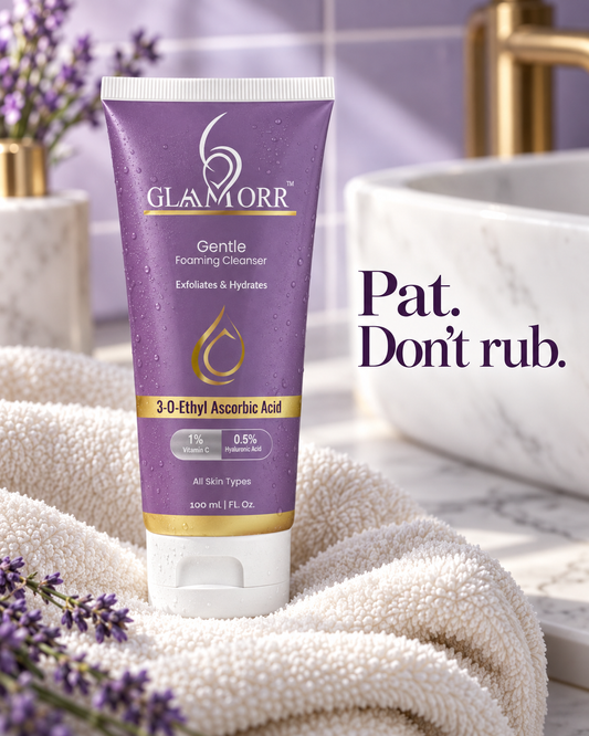 Glaamorr Gentle Foaming Cleanser on a towel with the text Pat. Don't rub.