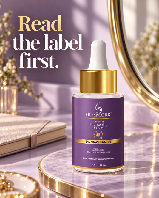 Glaamorr 5% Niacinamide Brightening Serum with the text Read the label first.