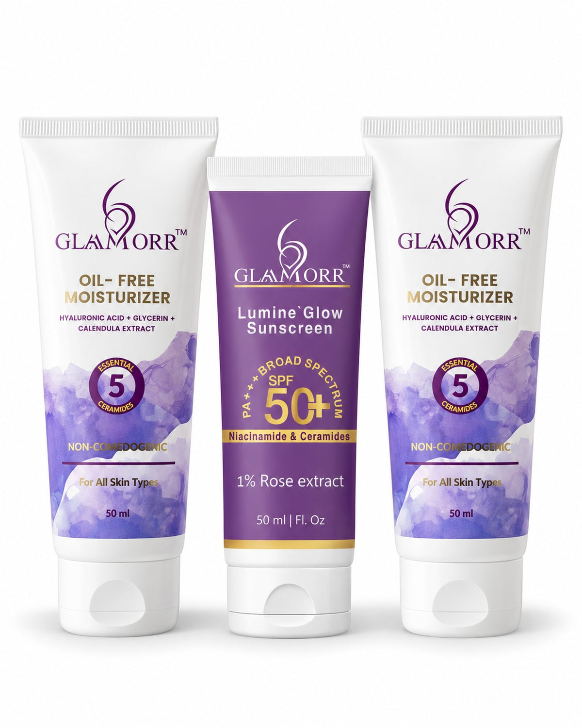 Glaamorr 2 × Oil-Free Moisturizer (50 ml) + 1 × Lumine Glow Sunscreen SPF 50+ PA+++ (50 ml)