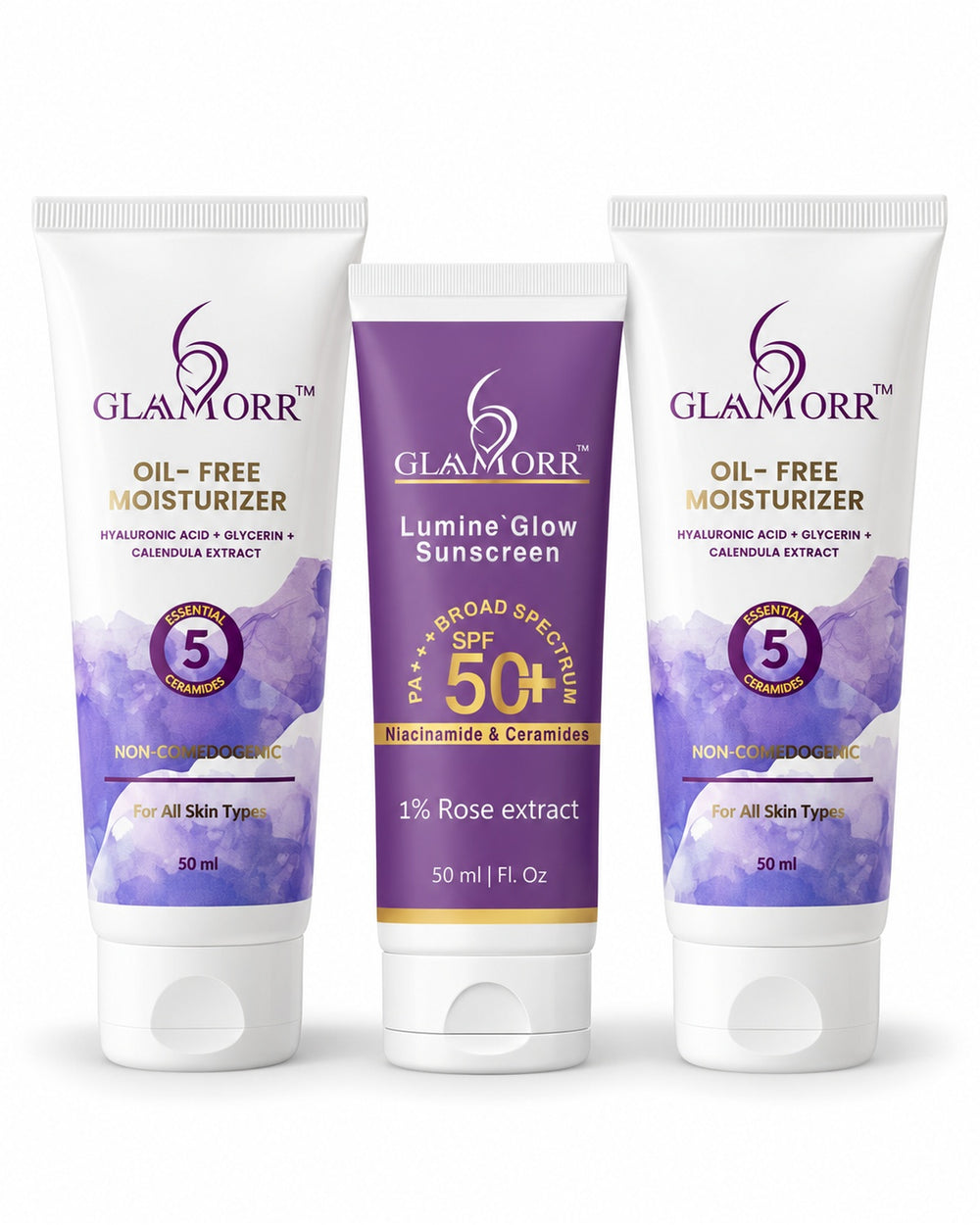 Glaamorr 2 × Oil-Free Moisturizer (50 ml) + 1 × Lumine Glow Sunscreen SPF 50+ PA+++ (50 ml)