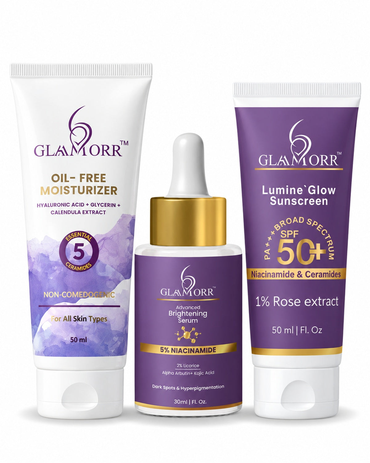 Glaamorr 1 × 5% Niacinamide Brightening Serum (30 ml) + 1 × Oil-Free Moisturizer (50 ml) + 1 × Lumine Glow Sunscreen SPF 50+ PA+++ (50 ml)