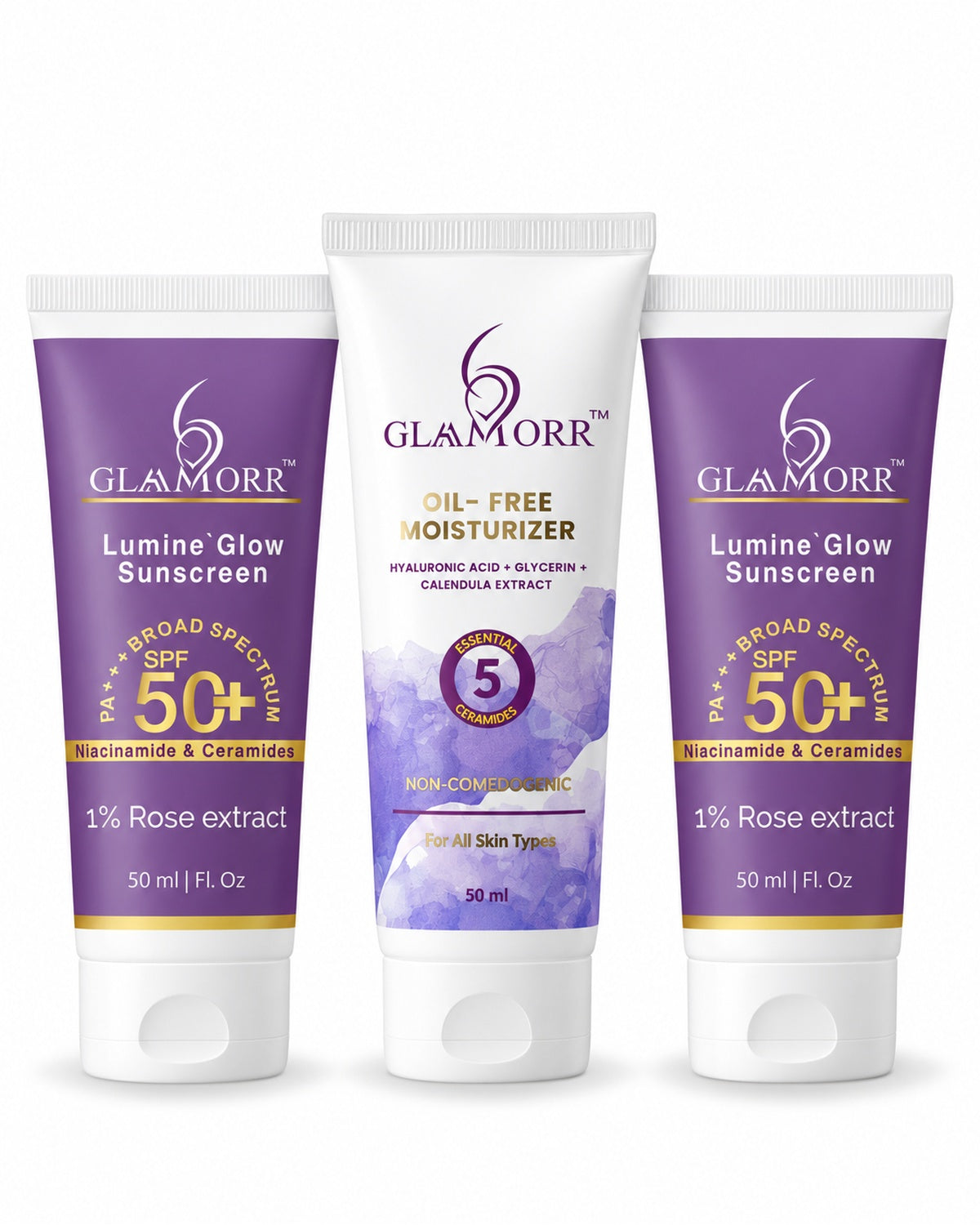 Glaamorr 1 × Oil-Free Moisturizer (50 ml) + 2 × Lumine Glow Sunscreen SPF 50+ PA+++ (50 ml)