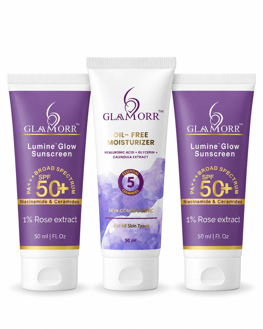 Glaamorr 1 × Oil-Free Moisturizer (50 ml) + 2 × Lumine Glow Sunscreen SPF 50+ PA+++ (50 ml)