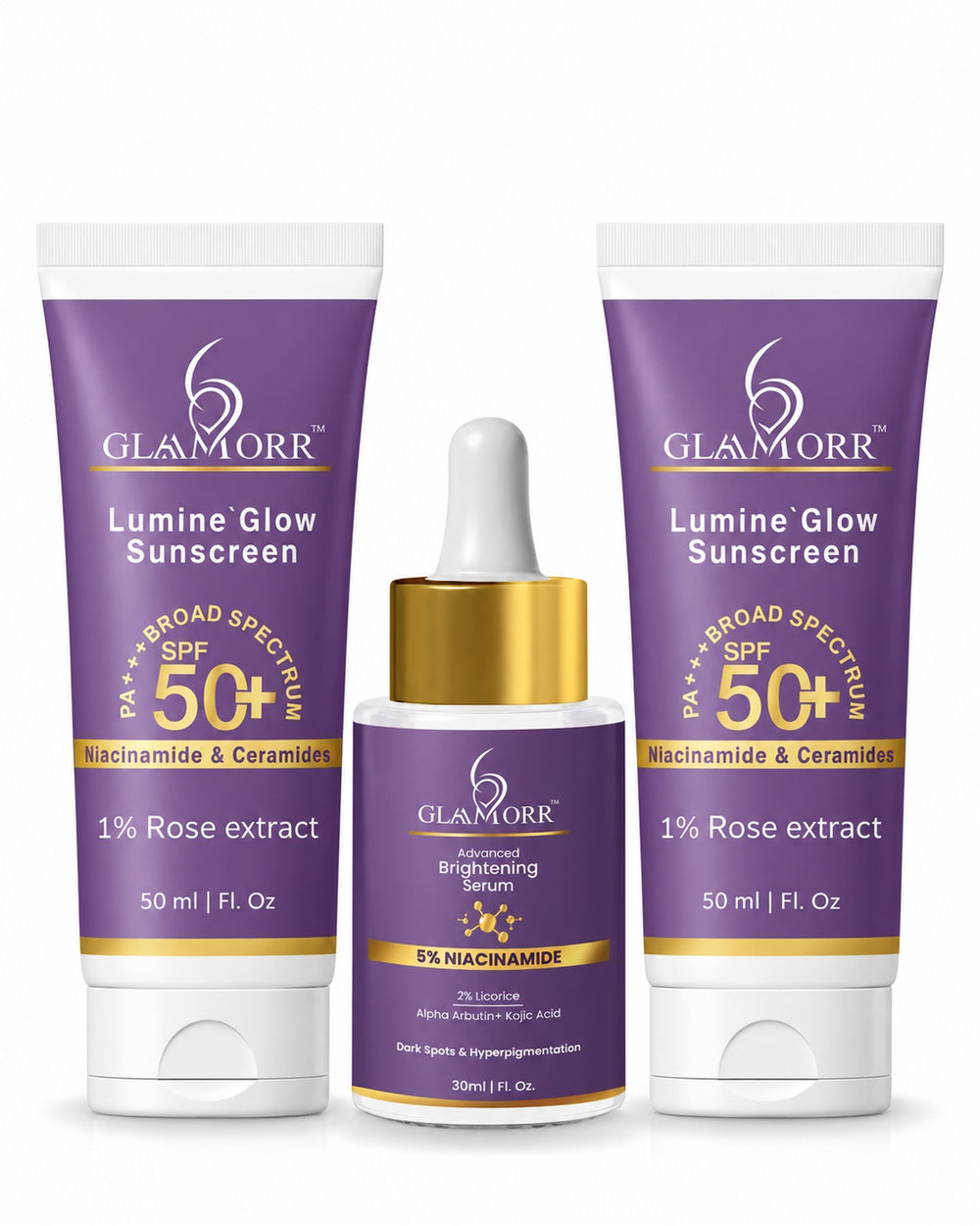 Glaamorr 1 × 5% Niacinamide Brightening Serum (30 ml) + 2 × Lumine Glow Sunscreen SPF 50+ PA+++ (50 ml)