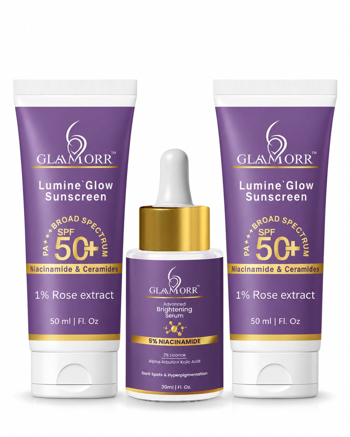 Glaamorr 1 × 5% Niacinamide Brightening Serum (30 ml) + 2 × Lumine Glow Sunscreen SPF 50+ PA+++ (50 ml)
