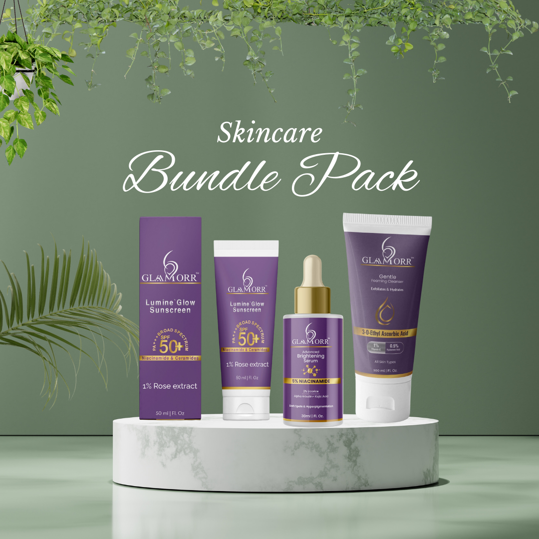 Glaamorr Complete Glow Skincare Combo (3-in-1)  Gentle Foaming Cleanser (100ml), Lumine Glow Sunscreen SPF 50+++ (50ml) , Brightening Serum (30ml)