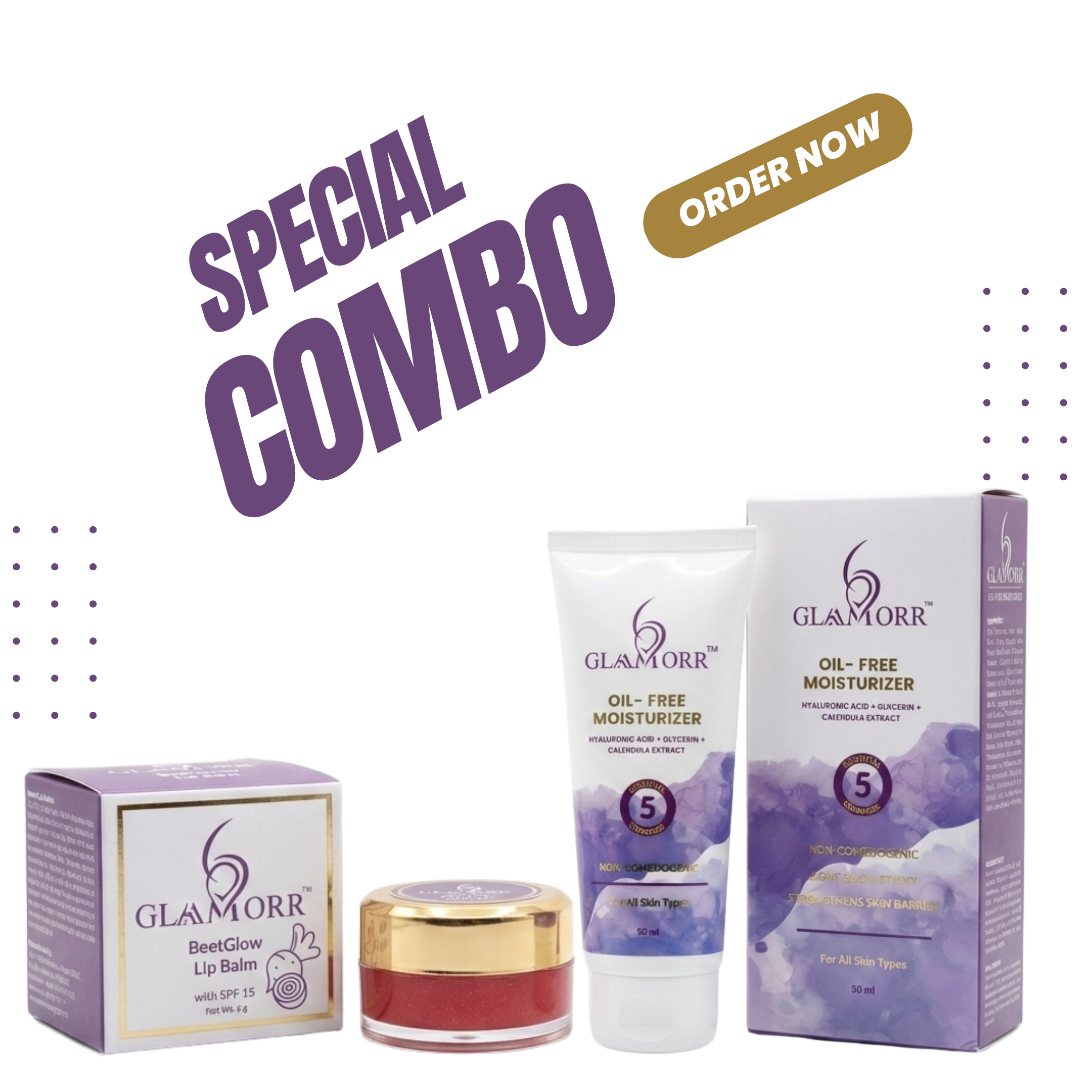 Glamorr Hydration & Lip Care Combo | Oil-Free Moisturizer + BeetGlow Lip Balm with SPF 15