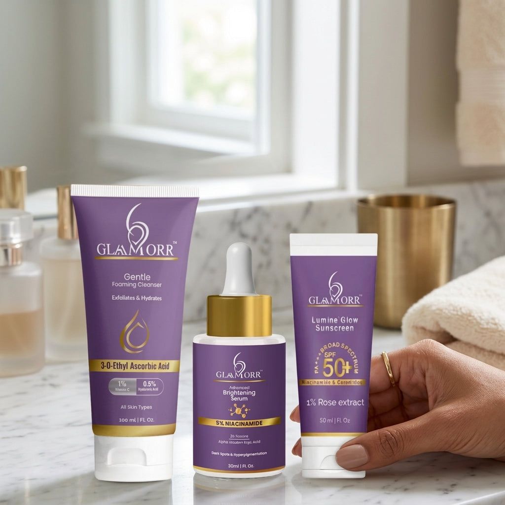 Glaamorr Complete Glow Skincare Combo (3-in-1)  Gentle Foaming Cleanser (100ml), Lumine Glow Sunscreen SPF 50+++ (50ml) , Brightening Serum (30ml)